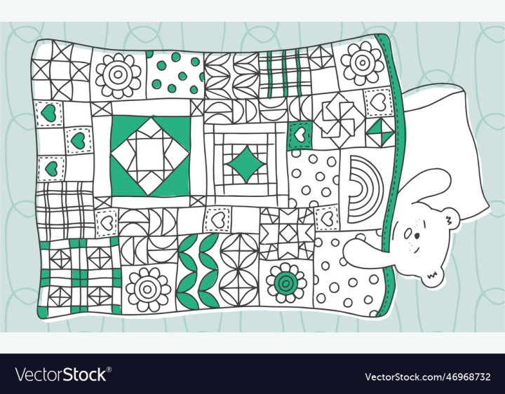 vectorstock,Bear,Quilt,Sleeping,Patchwork,Blanket,Hand,Drawn,Cartoon,Bed,Sleep,Nap,Illustration