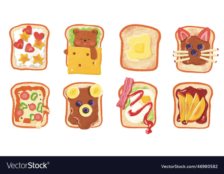 vectorstock,Toasted,Bread,Sandwich,Breakfast,Peach,Bacon,Jam,Egg,Pizza,Toast,Vector,Illustration,Hand,Drawn,Color,Pencil,Slice,Chocolate,Spread,Morning