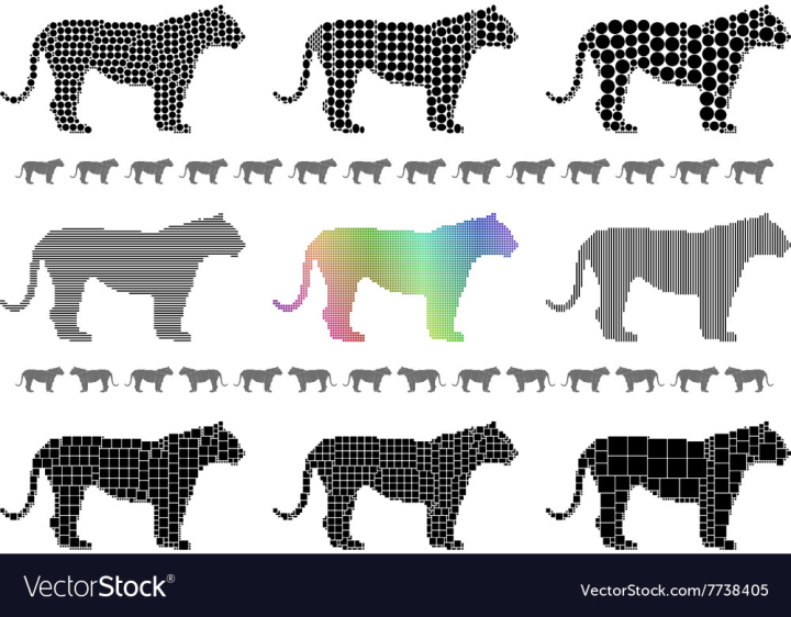 tiger,stripes,pattern,mosaic,silhouette,cat,big,stylized,vector,geometric,animal,abstract,fleck,view,side,carnivore,tiled,rectangle,circles,spotted,isolated,feline,collection,dots,shape,lines,black