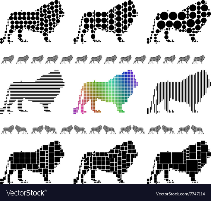 king,lion,male,pattern,geometric,mosaic,silhouette,big,cat,stripes,fleck,stylized,isolated,circles,spotted,carnivore,rectangle,tiled,lines,vector,animal,feline,shape,abstract,collection,dots,black