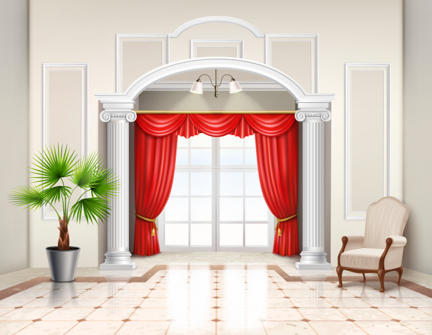 hellenistic,pleated,draped,scarlet,tiled,fixture,drapery,residential,cornice,indoor,velvet,fold,realistic,shiny,french,column,material,hanging,silk,apartment,classic,floor,fabric,chair,curtain,interior,window,plant,architecture,elegant,shape,room,furniture,3d,luxury,light