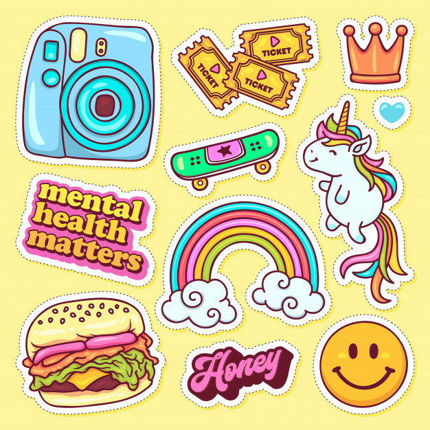 set,collection,element,symbol,illustration,pin,sweet,burger,unicorn,colorful,doodle,rainbow,smile,quote,ticket,sticker,cartoon,crown,camera,star,icon,food
