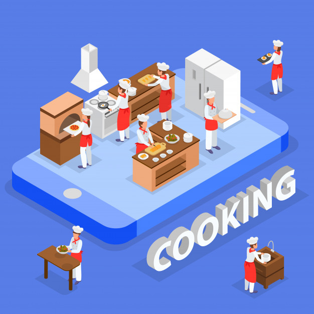 serving,composition,culinary,utensils,stove,equipment,cuisine,delicious,oven,concept,staff,italian,meal,apron,order,pan,professional,uniform,dish,soup,lunch,eat,dessert,plate,interior,cooking,isometric,cafe,chef,kitchen,pizza,cake,phone,restaurant,design,food