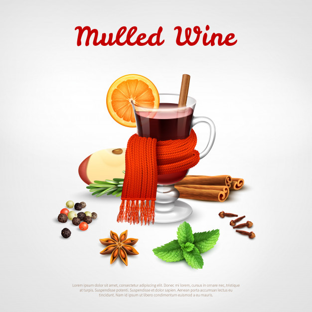 mulled,cloves,slice,wineglass,tradition,rack,cinnamon,realistic,ingredients,spice,mint,stick,festive,merry,scarf,pine,present,text,layout,wine,xmas,template,party,christmas