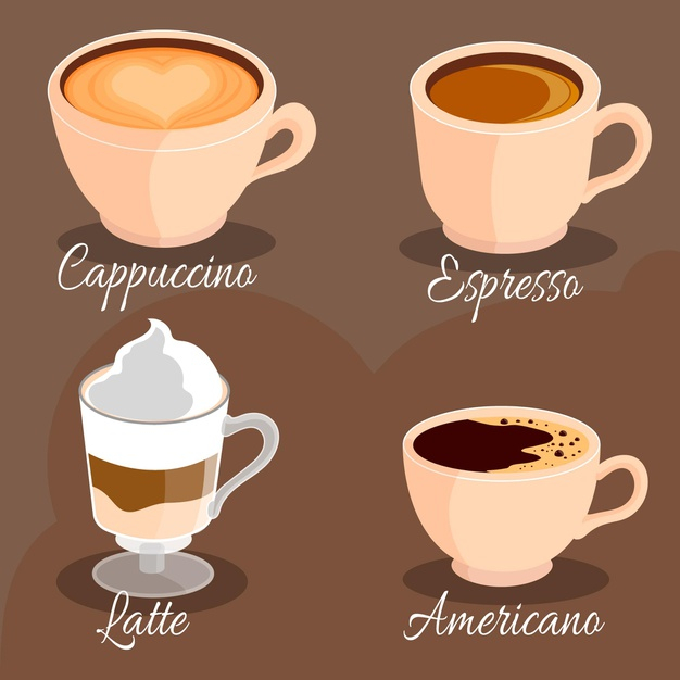 Coffee cups different cafe drinks types espresso Vector Image