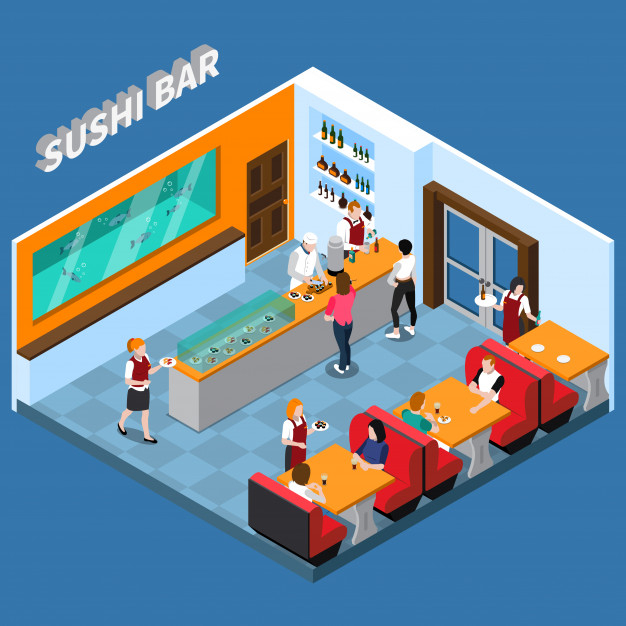 utensil,barman,visitor,tableware,indoor,waitress,equipment,showcase,fastfood,beverage,aquarium,staff,meal,order,client,dish,fast,element,eating,workplace,print,decorative,employee,service,sushi,illustration,interior,worker,bar,cook,bottle,isometric,furniture,text,3d,layout,typography,table,blue,man,woman,building,restaurant,template,business,food