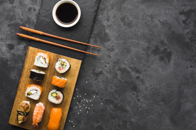 Japanese Sushi Set Top View Flat Lay Copy Space Stock Photo by