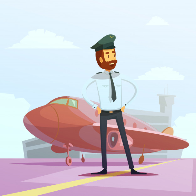 Free: Pilot in a uniform and plane cartoon background Free Vector 