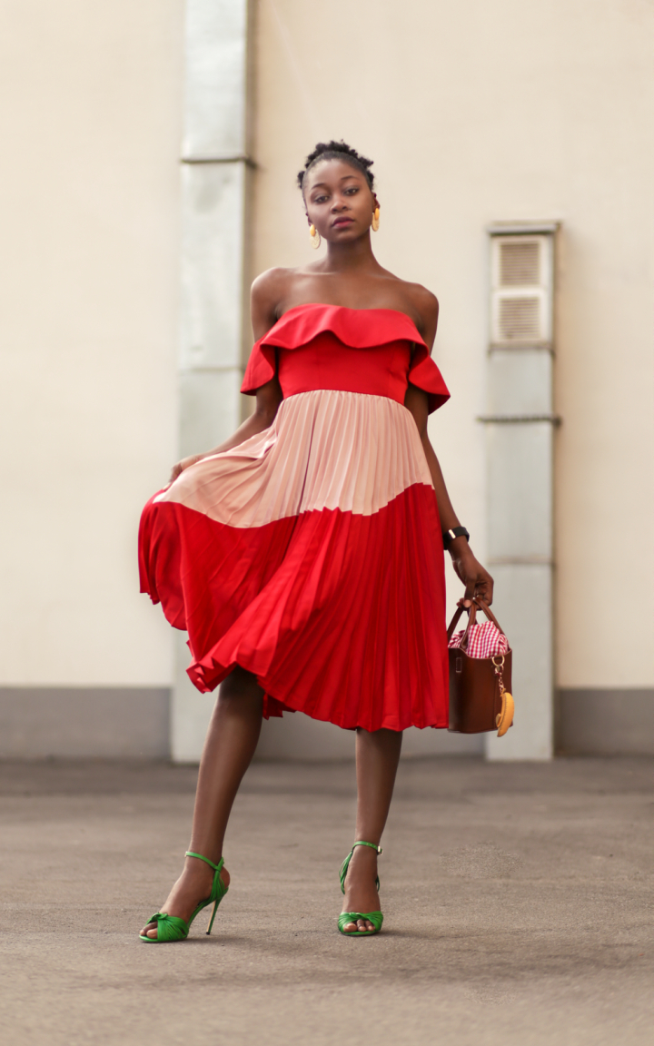 Free: Woman Red and Pink Off Shoulder Dress Standing Near Wall - nohat.cc