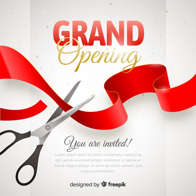 Grand Opening Design Template With Ribbon And Scissors. Grand Open