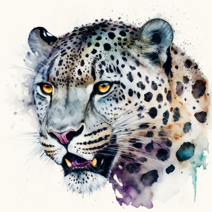 watercolor,animals,animal,snow leopard,head,illustration,beautiful,colorful,isolated,wild,ai generated,midjourney
