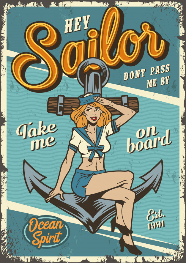 Vintage Marine Colorful Poster With Pin Up Girl Free Vector Nohat