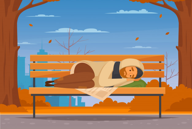Free: Cartoon homeless people flat with man lies on a bench in the street  and he is cold Free Vector 