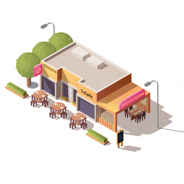 snackbar,eatery,roadside,coffeeshop,seating,cartography,exterior,terrace,small,facade,front,entrance,bistro,showcase,local,cafeteria,commerce,fast,air,outdoor,urban,signboard,open,town,chair,environment,street,bar,architecture,isometric,game,cafe,table,road,map,building,restaurant,city,design,tree,menu,business,food