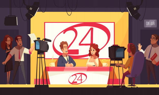 Free: Tv live events breaking news politics 24 hours broadcasting cartoon  composition with reporters in studio Free Vector 