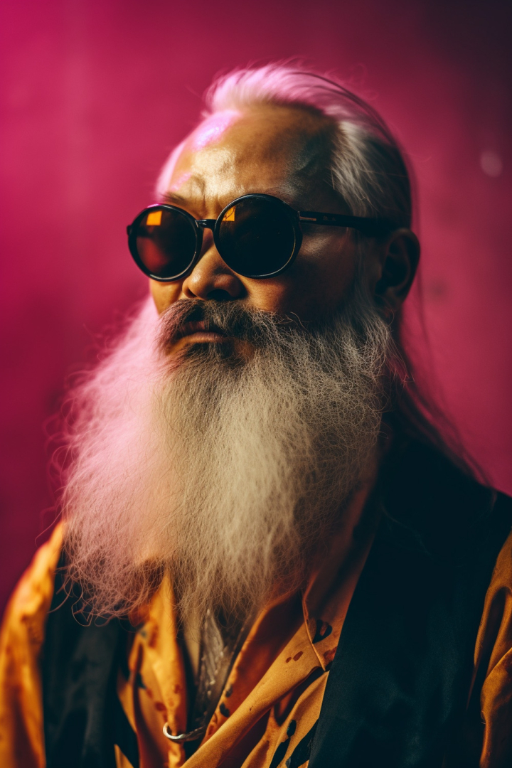 old man,cool,badass,kung fu,kung fu cat,long white beard,sunglasses,portrait,man,old,ai generated,ai generated face,midjourney