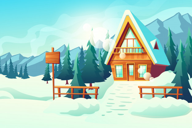 Free: Country or village cottage house in snowy mountains cartoon Free  Vector 