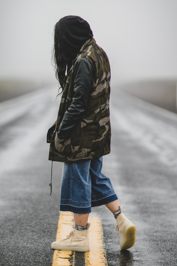 asphalt,camouflage,expressway,fashion,fashion model,fashionable,highway,hoodie,jacket,jeans,long hair,person,photoshoot,posing,road,roadway,standing,street,wear