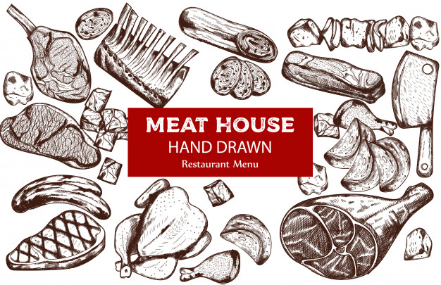 butchery,ribs,chop,parts,ham,set,bacon,collection,butcher,lamb,sausage,beef,element,knife,steak,bone,draw,product,sketch,doodle,retro