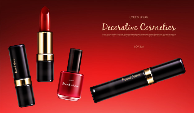 Free: Vector realistic cosmetic promo poster. banner with a female  collection of makeup cosmetics, scarlet lipstick, nail polish and mascara  on a red background. products for bright makeup Free Vector 