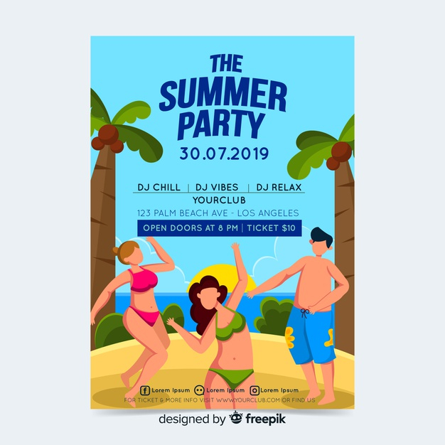 ready to print,parties,seasonal,rave,summertime,ready,paradise,enjoy,season,beautiful,characters,dancing,print,vacation,palm,fun,palm tree,holiday,festival,tropical,layout,beach,blue,template,summer,party,tree,poster,flyer