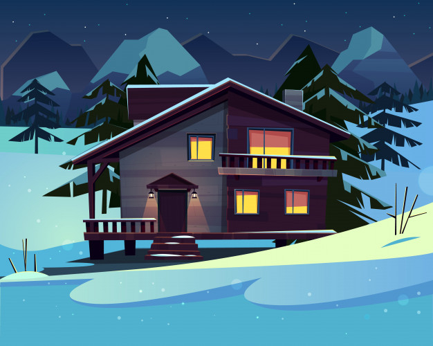 Free: Vector cartoon background with a luxury hotel in snowy mountains at  night. Free Vector 