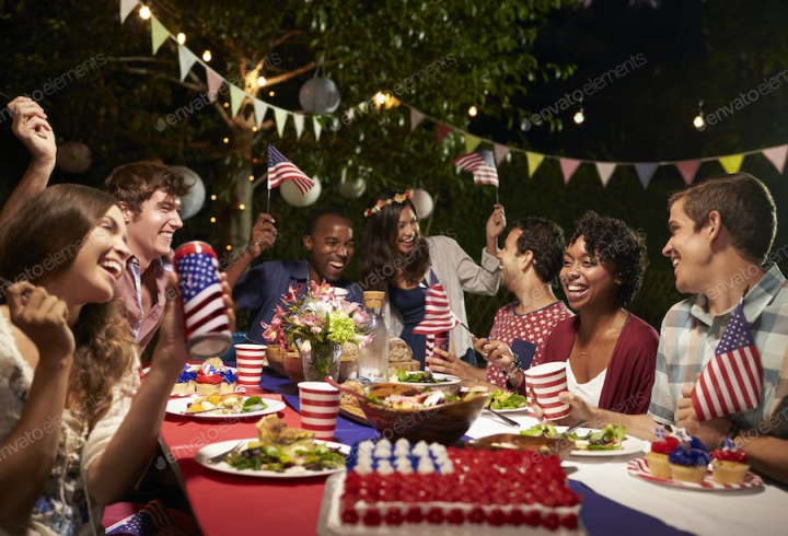 group,friends,party,celebration,fourth of july,4th of july,independence day,holiday,american holiday,american culture,outdoors,garden,backyard,food,eating,drinking,flag,american flag,patriotism,at home,happy,having fun,alcohol,couple,man,men,male,woman,women,female,20s,twenties,30s,thirties,caucasian,african american,black,hispanic,asian,mixed race,native american,pacific islander,multi-cultural,multi-ethnic,night,horizontal,people,person,envatoelements
