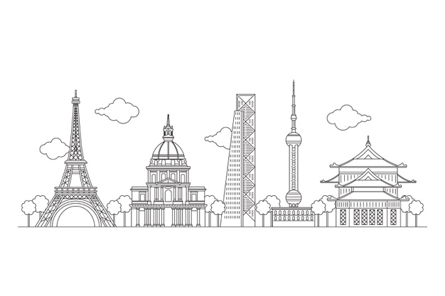 sketch of the world with landmarks and monuments - Stock Image - Everypixel