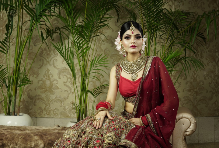 alone,beautiful woman,brunette,divan sofa,gaze,maroon,photoshoot,posing,pretty,saree,sitting,traditional wear,woman