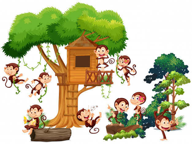 carnivorous,mammal,treehouse,creature,bungalow,monkeys,ape,exotic,living,playing,hut,log,wild,up,hanging,climbing,eating,rope,jungle,monkey,tropical,forest,animal,cartoon,nature,tree