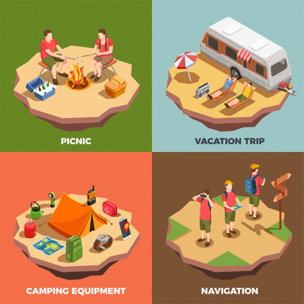 motorhome,outside,recreation,relaxation,leisure,active,bonfire,campfire,rest,tourist,season,activity,meal,journey,hiking,outdoor,tent,grill,camp,picnic,vacation,tourism,barbecue,adventure,camping,isometric,landscape