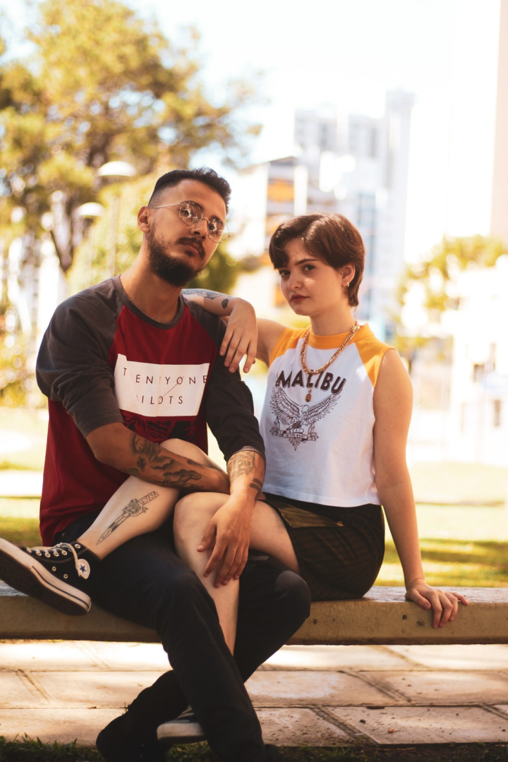 bench,couple,daylight,fashion,female,looking,male,man,modeling,models,outdoors,outfit,photo session,photo shoot,posing,sitting,style,tattooed,tattoos,wear,woman