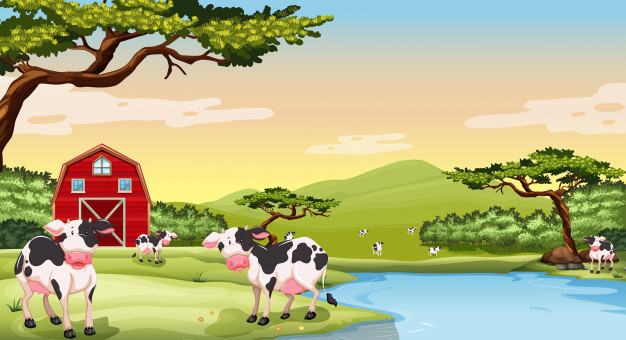 Free: Farm scene with cows Free Vector 