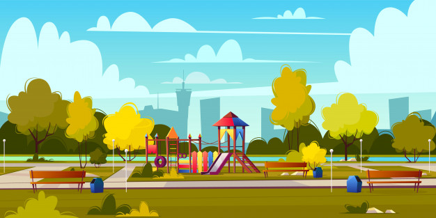 Free: Vector background of cartoon playground in park at summer. landscape  with green trees, plants and bu Free Vector 