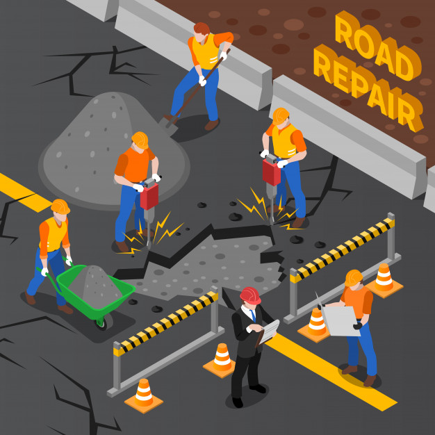 Free Vector  Cartoon workers paving road on highway. engineers