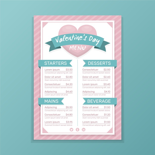 ready to print,starters,mains,ready,desserts,romance,beverage,day,meal,romantic,valentines,diet,print,flat design,flat,valentine,valentines day,celebration,restaurant,template,design,love,heart,menu,food