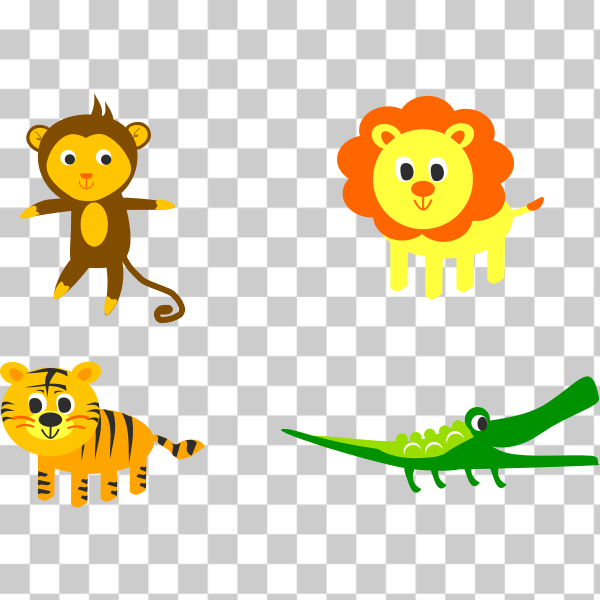 cartoon,clip-art,collection,crocodile,graphics,happy,illustration,lion,Monkey,smile,stickers,tiger,yellow,Animal figure,Big cats,animals - cute,svg,freesvgorg