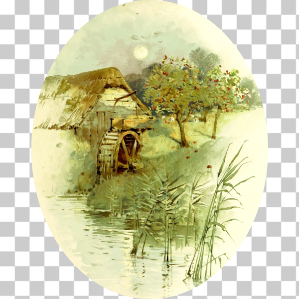 art,country,countryside,illustration,lake,photography,plant,plate,river,rural,scene,sphere,tree,waterwheel,svg,freesvgorg