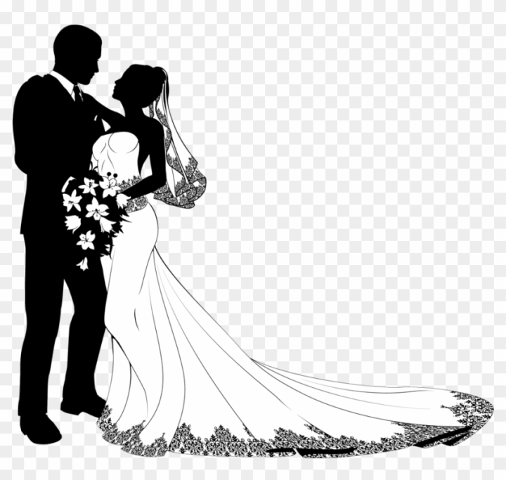 Silhouette Of Couple, Bride And Groom Drawing By Black Lines. Vector  Freehand Cartoon Style. Wedding Ceremony. Elegant Bride In Beautiful Dress  And Handsome Fiance. Artwork For Invitation Card, Banner Royalty Free SVG,