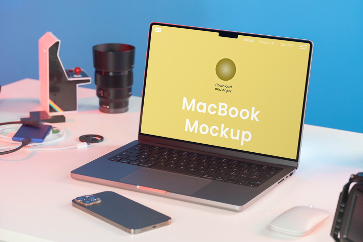Free,MacBook,in,Studio,Mockup,apple,computer,device,display,home office,laptop,macbook air,macbook pro,retina,screen