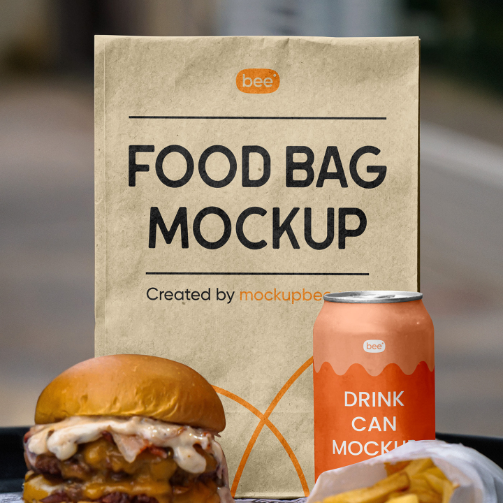 Free,Food,Bag,with,Soda,Can,Mockup,aluminium can,beer can,eco bag,food bag,label can,metal can,packaging,paper bag,soda can,take away bag
