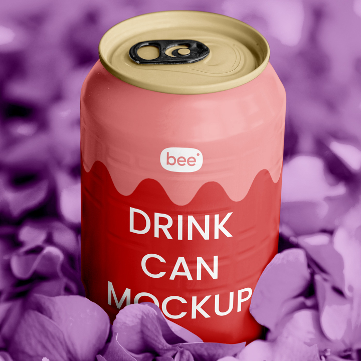 Free,Aluminum,Can,in,Flower,Petals,Mockup,aluminium can,beer can,label can,metal can,packaging,soda can