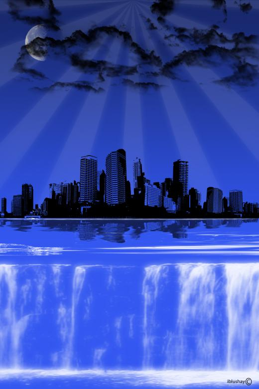 graphic,city,waterfall,blue,back,moon,clouds,black,netstockvault