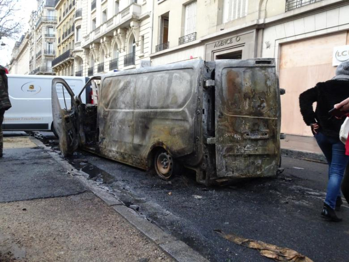 burned,automobile,delivery,van,fire,street,paris,riots,aftermath,netstockvault
