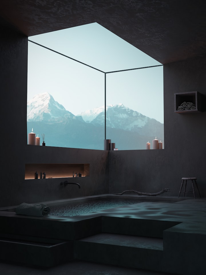 bathub,moutain,sky,mountains,mountain view,dark,chill,relax,resort,travel