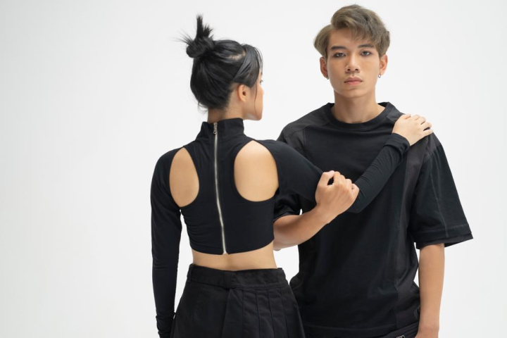 women,woman,boy,girl,man,guy,couple,young,asian,two,2,person,people,10s,20s,teen,teenager,beauty,beautiful,white,background,cute,sexy,attractive,black,cool,opposite,direction,bun,clothing,indoor,shirt,long sleeve,cutout,croptop,collar,fashion,style,urban,lifestyle,confident,together,youth,fun,hipster,holding,hug,hands,looking,other,xframe