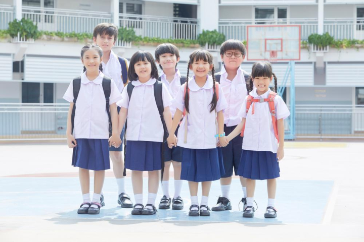 Free: Seven kids are standing and smiling in the school yard. 